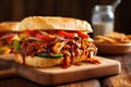 close up of a barbecue jackfruit sandwich served on a rustic wooden table