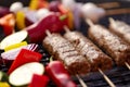 Close up of barbecue kebab meat roasting on grill Royalty Free Stock Photo