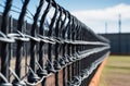 Close-up of a barbed wire fence, receding perspective. Fencing at a military facility, prison Royalty Free Stock Photo