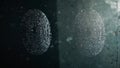 A close-up of a barely visible fingerprint on a transparent surface, representing identity, presence, or forensic themes.