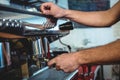 Close-up of barista using espresso machine at coffee house Royalty Free Stock Photo
