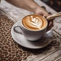 A close-up of a baristas hands creating intricate latte art on the surface of a cappuccino1