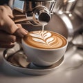 A close-up of a baristas hands creating intricate latte art on the surface of a cappuccino3