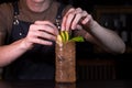 Close up bartender hands making zombie cocktail in nightclub. Royalty Free Stock Photo