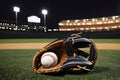 Close-up of a baseball in a catcher& x27;s glove on a sports field for play Royalty Free Stock Photo