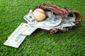 Close up of baseball in a Glove with dollar bills in concept of