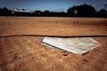 Close up of baseball home plate on dirt ground Royalty Free Stock Photo