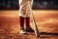 Close-up baseball player\'s bat and legs on baseball field. Generative AI Royalty Free Stock Photo