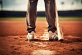 Close-up baseball player\'s bat and legs on baseball field. Generative AI