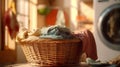 Close up of Basket with clothes in laundry room with washing machine on background Royalty Free Stock Photo