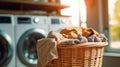 Close up of Basket with clothes in laundry room with washing machine on background Royalty Free Stock Photo