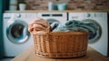 Close up of Basket with clothes in laundry room with washing machine on background Royalty Free Stock Photo