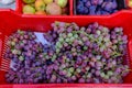 Close up of basket of grapes at the market.