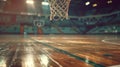 Close-up of a basketball hoop on an empty, well-lit professional court, showcasing the net's intricate details Royalty Free Stock Photo