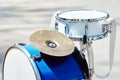 Close-up of the bass drum and snare drum