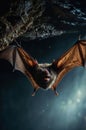 A Close-Up Portrait of a Brown Bat Flying in a Dark Cave at Night Royalty Free Stock Photo