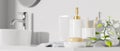 Close up bath accessories mockup with shampoo bottle basin in modern bathroom white minimalist interior Royalty Free Stock Photo