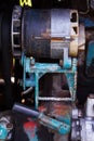 Close up of battered old farm tractor engine. Tractor machine Royalty Free Stock Photo