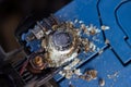 Close up battery terminals corrode dirty damaged problem, Old battery corrosion deteriorate leaking with blue acid powder. Service Royalty Free Stock Photo