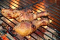 Close-up Of BBQ Chicken Legs On The Hot Flaming Grill