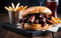 Smoked Brisket Sandwich with Fries and Beer Royalty Free Stock Photo