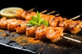 a close-up of bbq spiced shrimps on a skewer