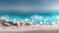 Close Up Of Seashells And Pebbles On A Sandy Beach With Blurry Ocean Background Royalty Free Stock Photo