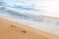 Close-up of the beach shore with a man`s footprint on the yellow sand along the line of the blue sea wave on a summer sunny day. Royalty Free Stock Photo