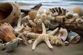 close-up of beachcombing treasures, with shells, starfish and driftwood visible