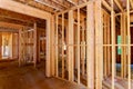 Close-up of beam built home under construction with wooden truss, post and beam framework. Timber frame house, real estate Royalty Free Stock Photo