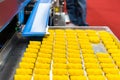 Close up bean dough loaf after press forming for asia or thai sweets on tray from belt conveyor of automatic food making machine