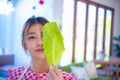 Close up beautiful asian farmer face standing showing organic vegetable leaf, Harvesting, Smart farm, Smart farm