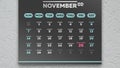 Close-up of a beautiful black November page of the calendar 2021 with the marked Black Friday date Royalty Free Stock Photo