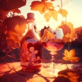 Close up of a beautiful bottle and an elegant glass on a long stem with red wine on a wooden table. Generative ai Royalty Free Stock Photo