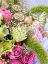 Bouquet of mixed colorful flowers. Flowers bouquet including pink roses, astrantia, white and green flowers. Beautiful bright Royalty Free Stock Photo