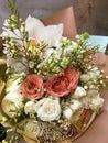 Spring bouquet of mixed colorful flowers. Flowers bouquet including white orchid Cymbidium , white Eustoma, white spray rose, Royalty Free Stock Photo