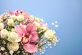 Close up of beautiful bouquet of orchids, roses and gypsophila, Baby`s-breath flowers in decorative paper tube packaging on pink Royalty Free Stock Photo