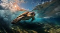 Close-up of a Beautiful Brown and Orange Turtle swimming just under the surface with a small deep and sunlight through the water Royalty Free Stock Photo