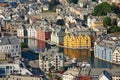 Close up of the beautiful buildings in the town centre from above. Art nouveau architecture and canals from the viewpoint Aksla,