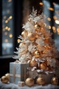 close-up, beautiful Christmas tree decorated with light toys , room, AI generate Royalty Free Stock Photo