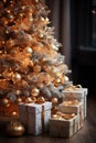 close-up, beautiful Christmas tree decorated with light toys , room, AI generate Royalty Free Stock Photo