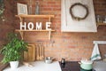 Close up of beautiful cosy modern loft kitchen interior,kitchenware, home style, photo studio design Royalty Free Stock Photo