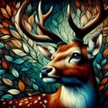 A close-up of beautiful deer in bold painting, colorful leaves, fantasy art, deatiled, animal creatures design Royalty Free Stock Photo