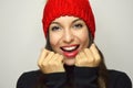 Close up of a beautiful fashion woman with red hat smile looking at camera Royalty Free Stock Photo