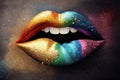 Close up of beautiful female mouth with glitter on lips. Colorful makeup. Generative AI