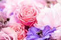 Close-up of beautiful flowers of roses and chrysanthemums in a bouquet for the holiday Royalty Free Stock Photo