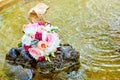 Close up of beautiful fresh wedding bouquet of pink and white roses on stone in water  near fish in fountain, free space. Wedding Royalty Free Stock Photo