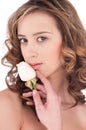 Close-up of beautiful girl with white rose flower Royalty Free Stock Photo