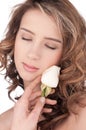 Close-up of beautiful girl with white rose flower Royalty Free Stock Photo