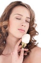 Close-up of beautiful girl with white rose flower Royalty Free Stock Photo